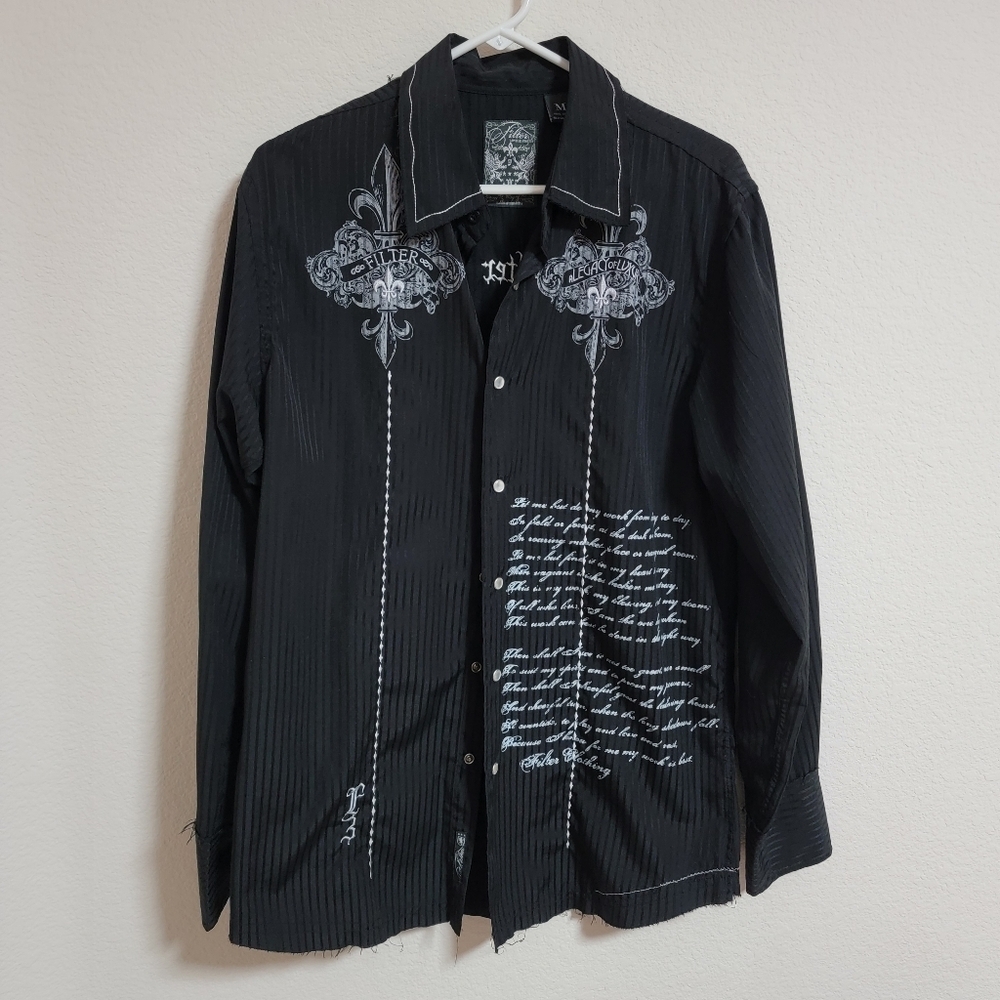 Filter Black Button-Up Shirt with White Embroidery